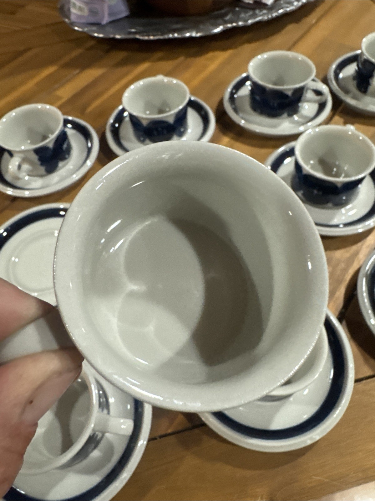 Set Of 12 Arabia Finland Anemone Blue Coffee Tea Mug Cups & Saucers 3 1/2″ Rare