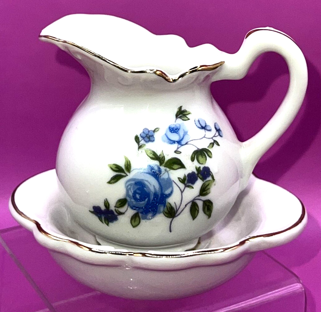 Vintage Rice Japan Ports Blue Rose Design Creamer with Drip Plate Kitchen Decor