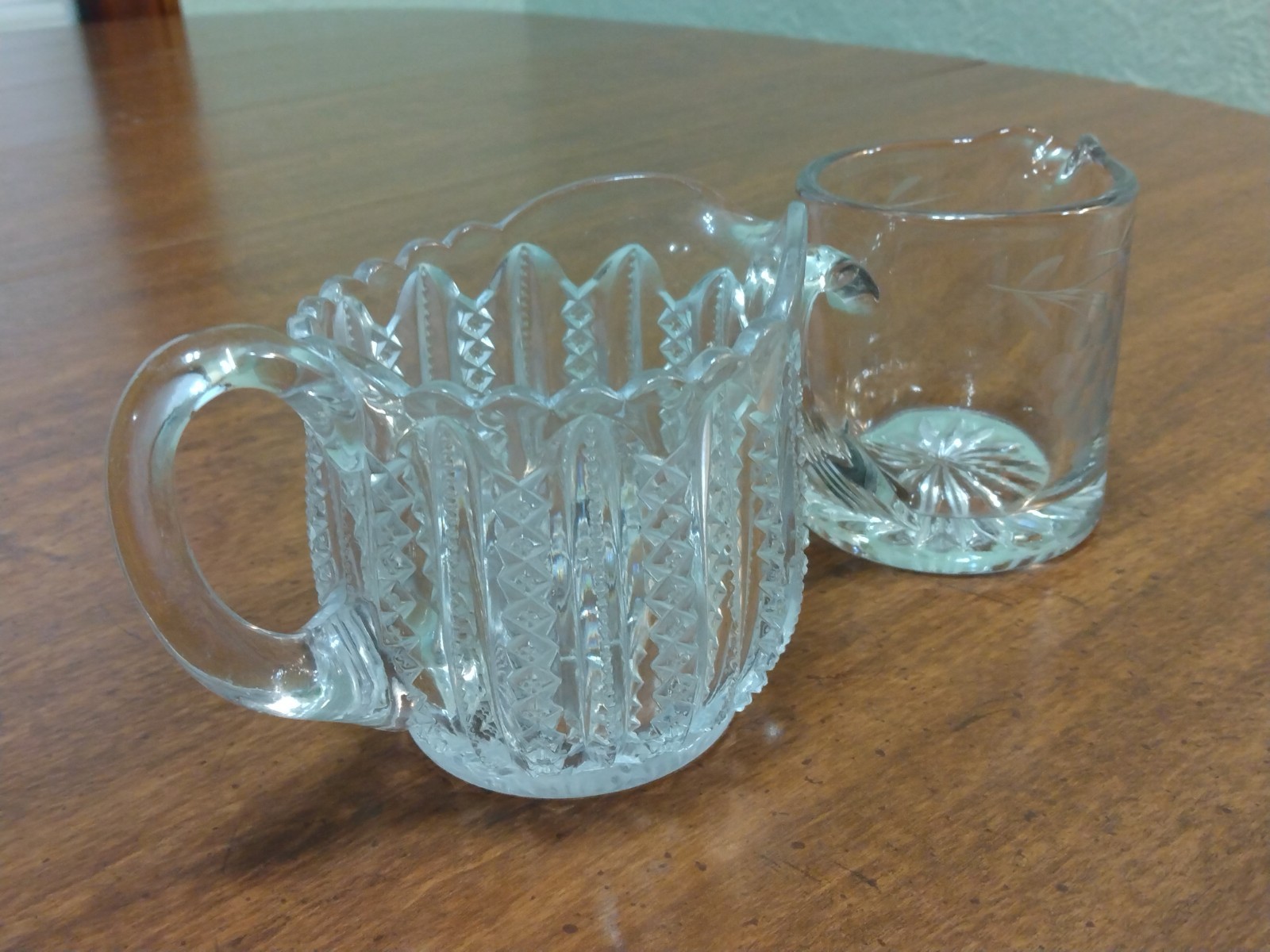 Vintage Diamond Cut Creamer & Grapevine Etched Creamer