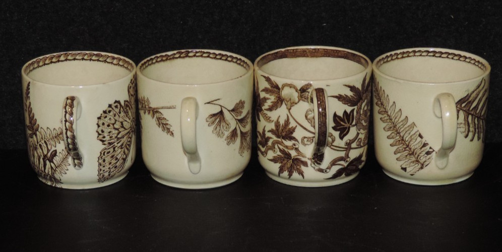 ANTIQUE WEDGWOOD BROWN TRANSFER AESTHETIC BOTANICAL DEMITASSE CUPS & SAUCERS