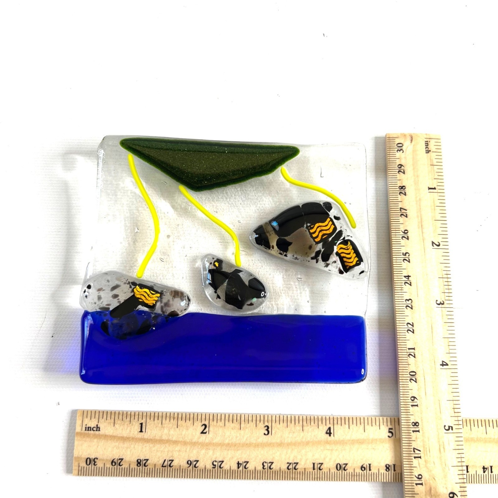 Small Fused Glass Trinket Jewelry Soap Dish Cobalt Black Yellow 4.5×4.5