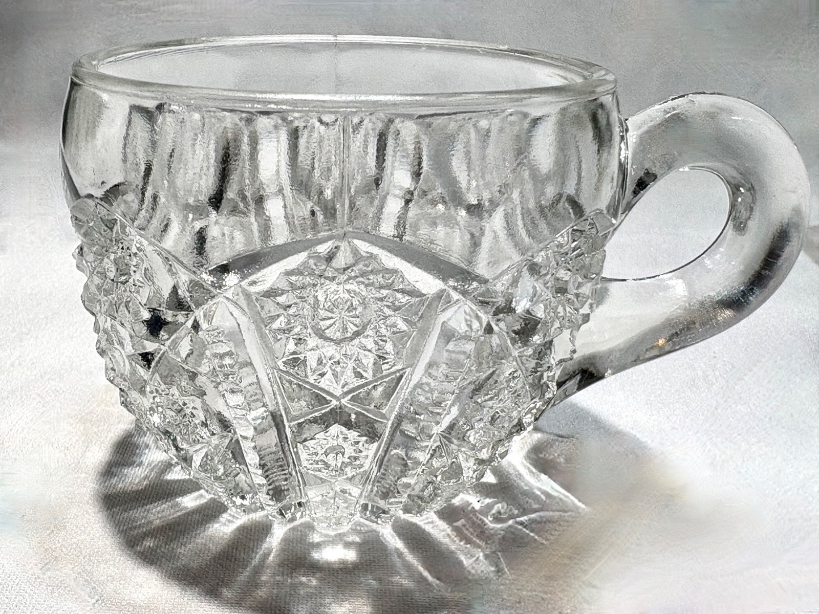 Antique Indiana Glass Paneled Daisy and Fine cut Clear Punch Bowl Base & 6 Cups