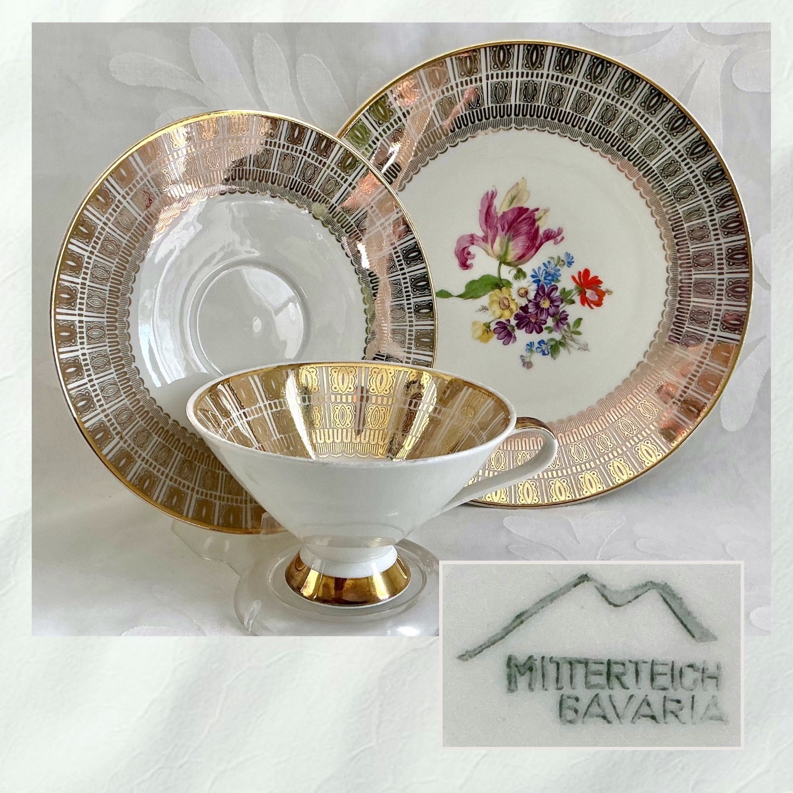 Vtg 3-pc Set Mitterteich Bavaria Porcelain Teacup Saucer Mid Century Germany