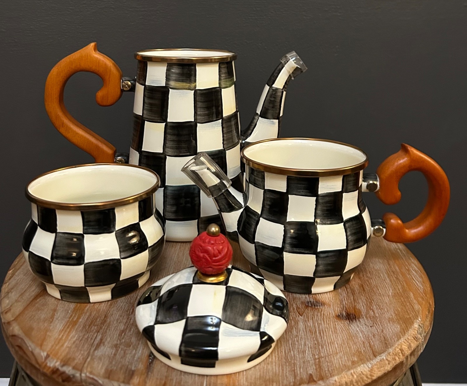 MacKenzie-Childs Courtly Check Stackable Coffee Pot Set w/ Sugar & Creamer – NEW