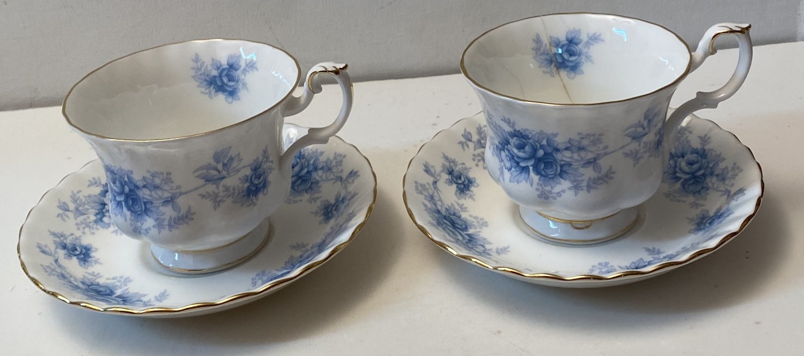 Two (2) Vintage Royal Albert Windsor Rose Blue Footed Cup & Saucer Sets