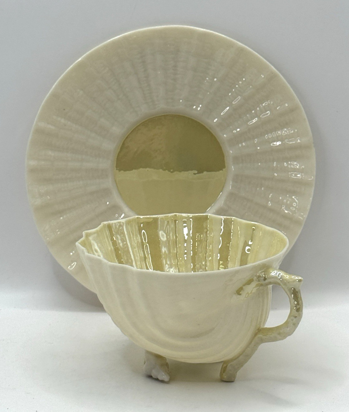 Belleek Neptune Shell Footed Cup and Saucer Yellow Ireland ~ Green Mark