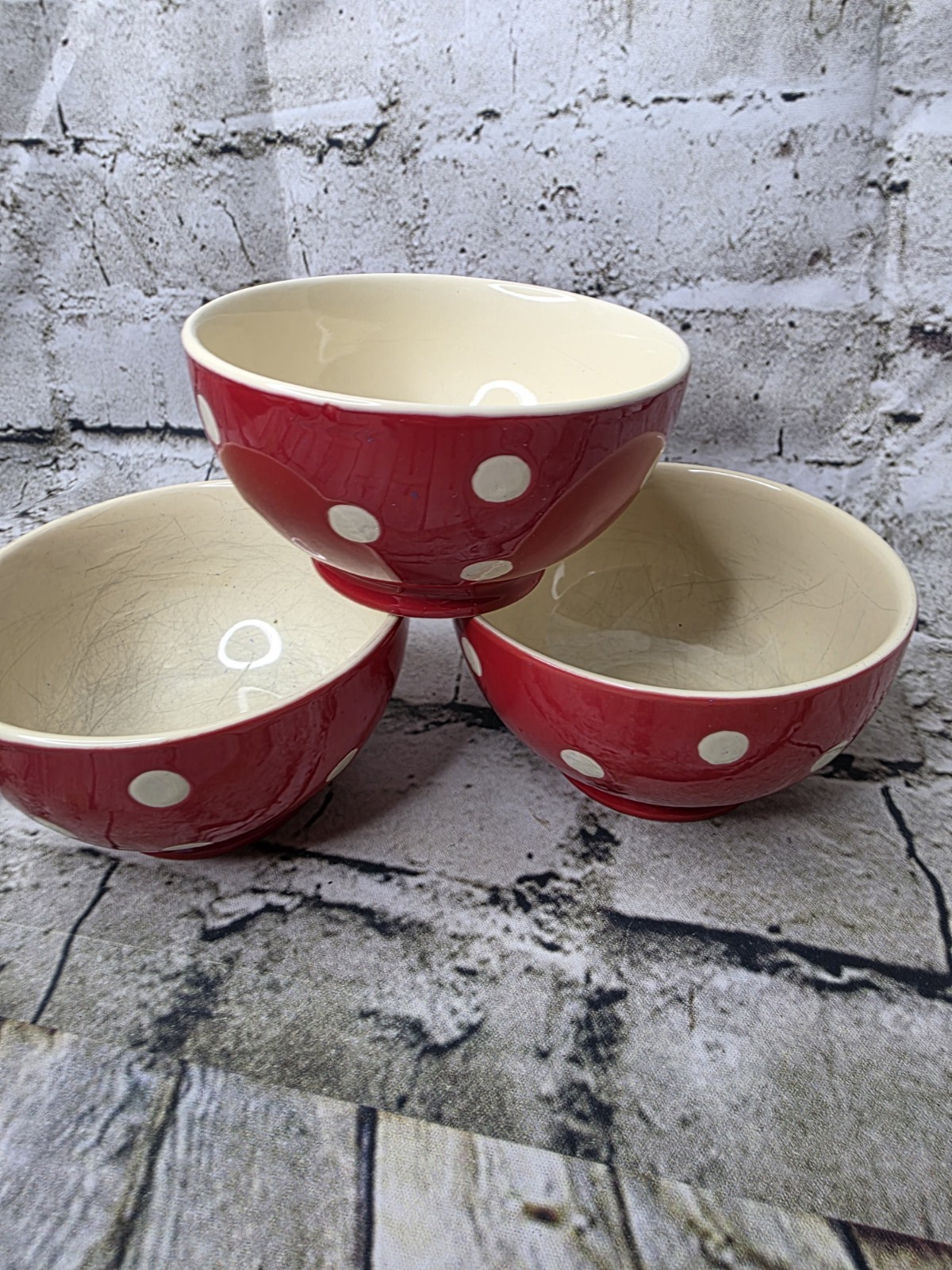 3 Red White Footed Polka Dot Cafe Au Lait Bowl 2.25 x 4.25 Inches
