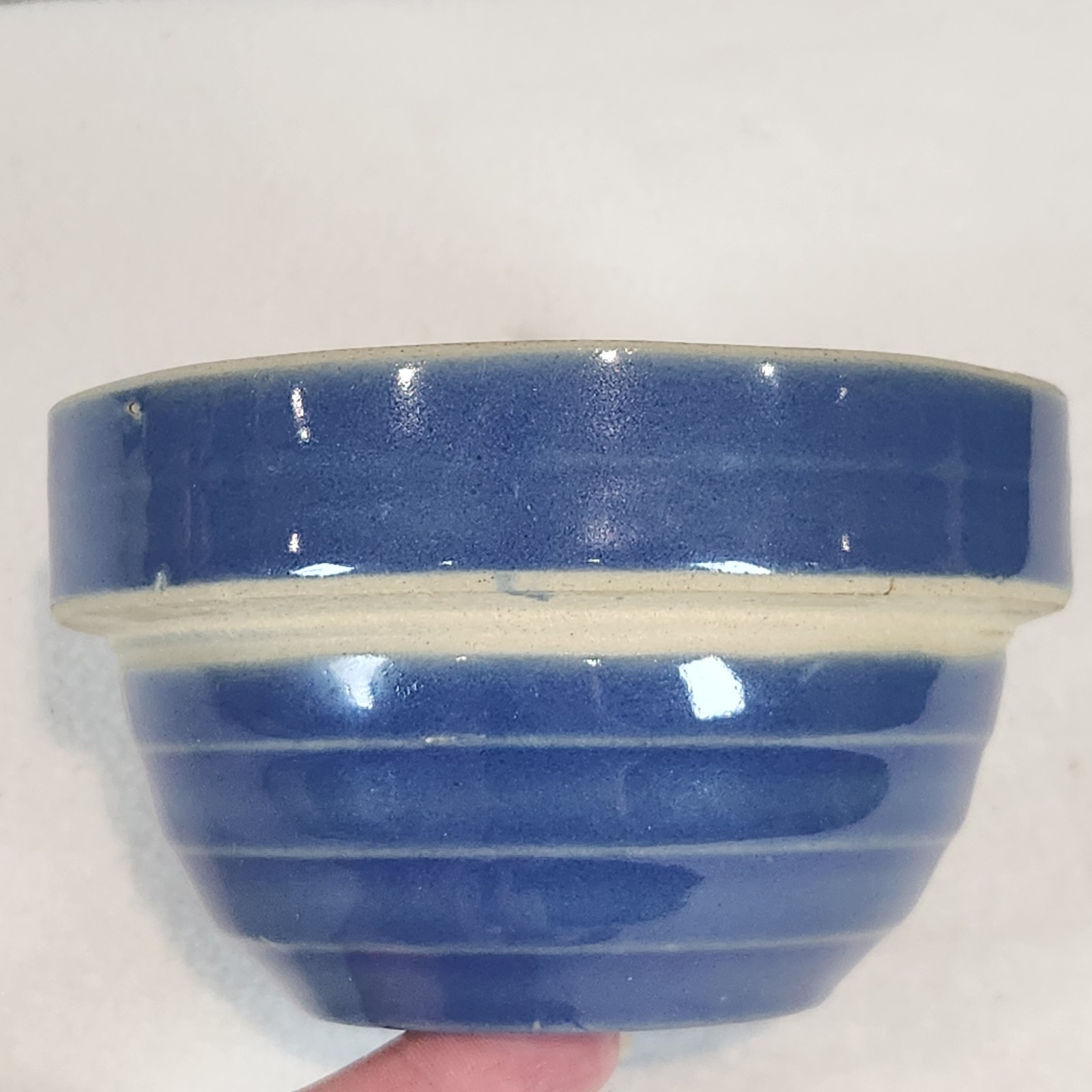 Antique Yellow Ware Cobalt Blue Dough Mixing Bowl w/ Beehive Sides 5” Wide USA