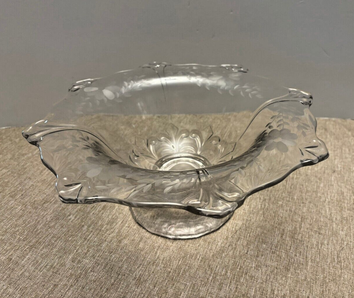Vintage Clear Etched Compote Pedestal Bowl May be Depression Glass