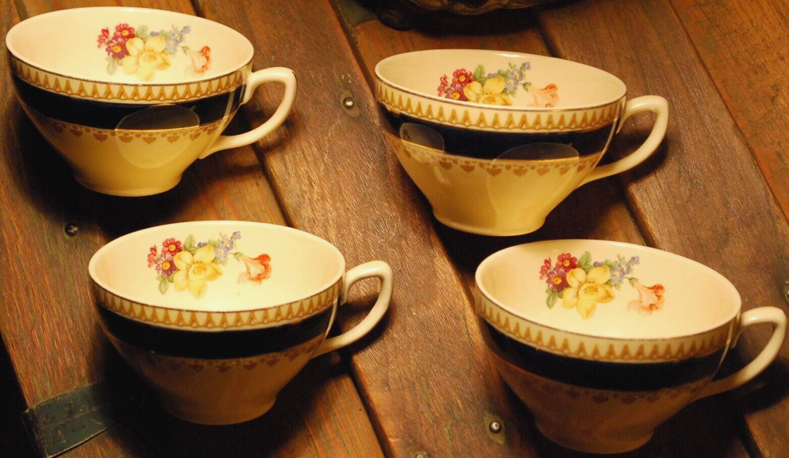 Antique Set 4 SHERBORNE FLAT TEACUPS Wood & Sons Cobalt Band Yellow/Floral Inner