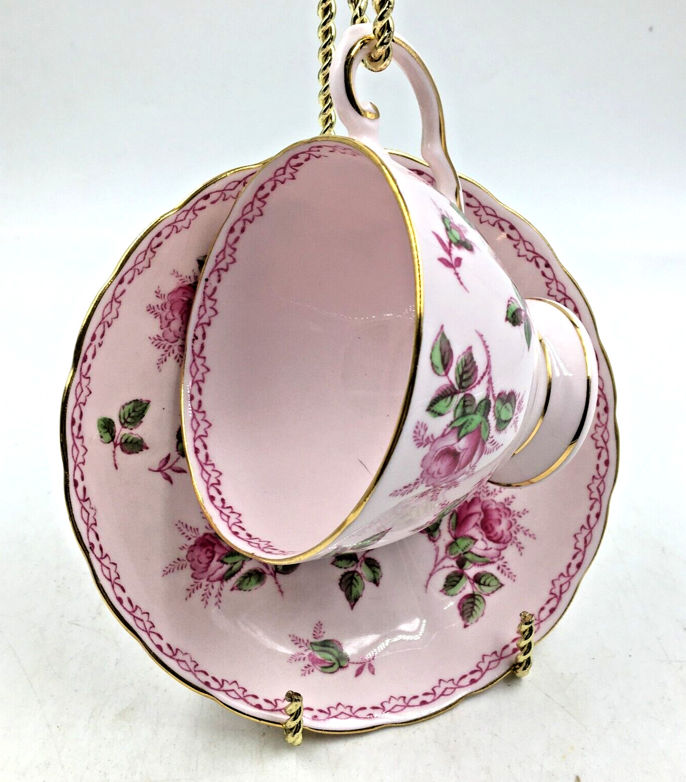 Vintage TUSCAN Fine Bone China Pink ROSEBUD Footed Cup & Saucer Set Gold #497H