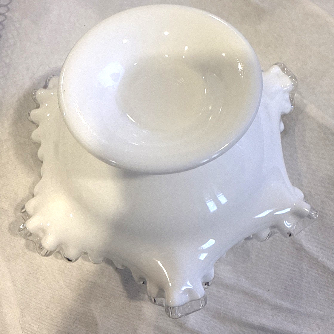 8″ White Glass With Clear Ruffled Edge Bowl