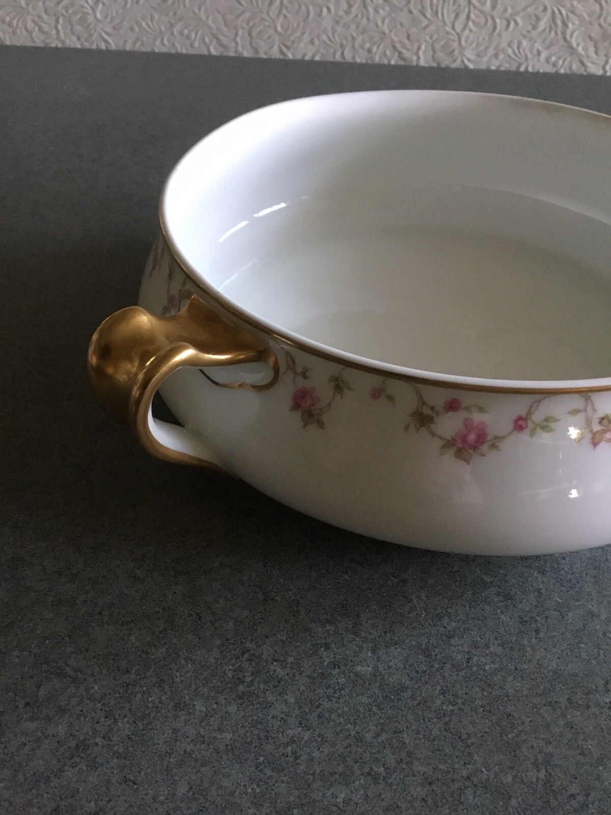 Haviland Limoges France Handled Casserole Dish Pink Rose Garland & Gold Trim