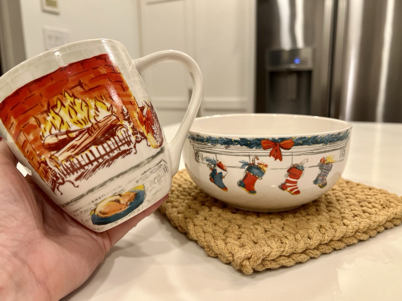 Eaton Fine Dining Christmas Mug and Bowl Set Fireplace Stockings Holiday