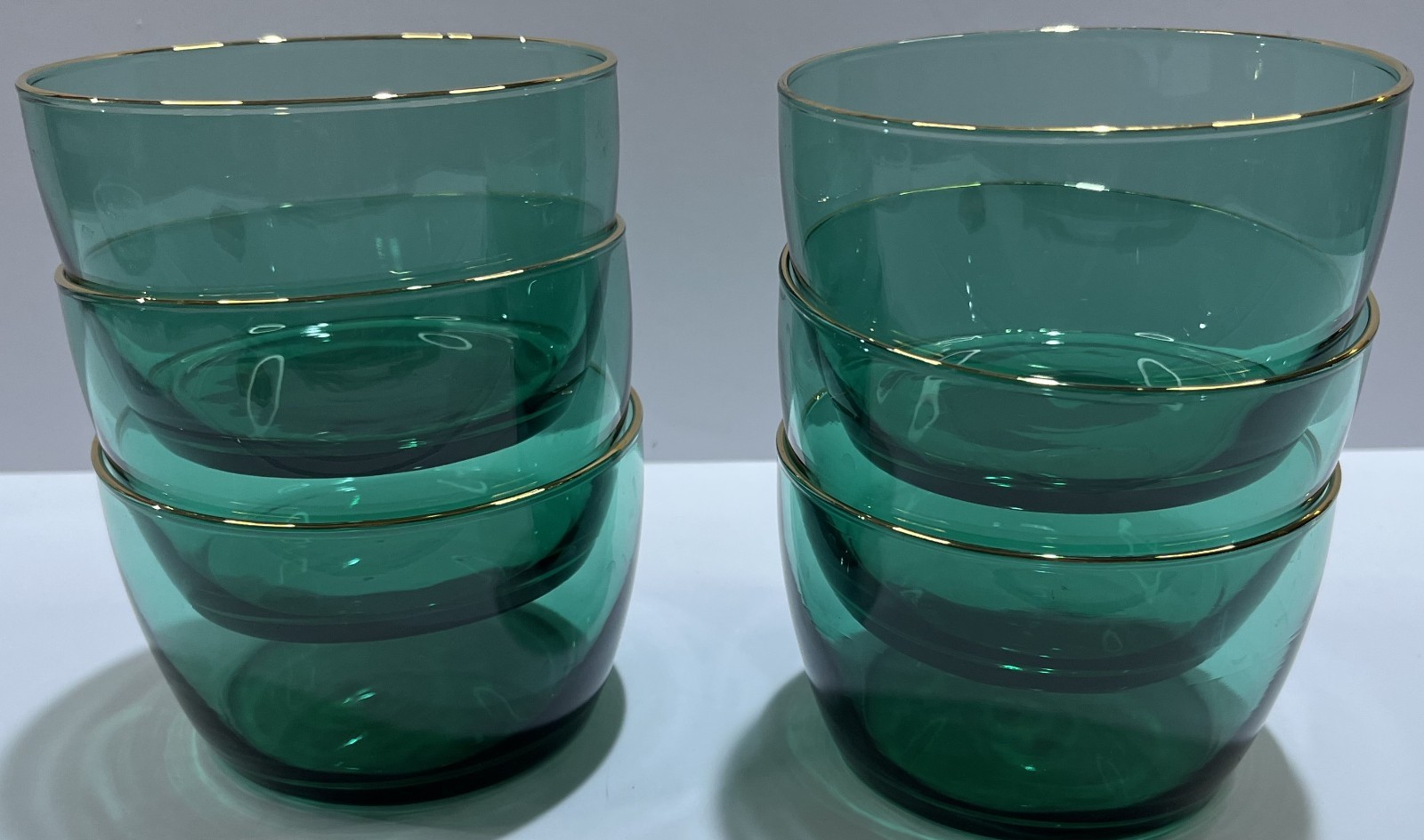 Set of 6 Libbey Teardrop Juniper Green Gold Trim Fruit Dessert Bowls 4.25″