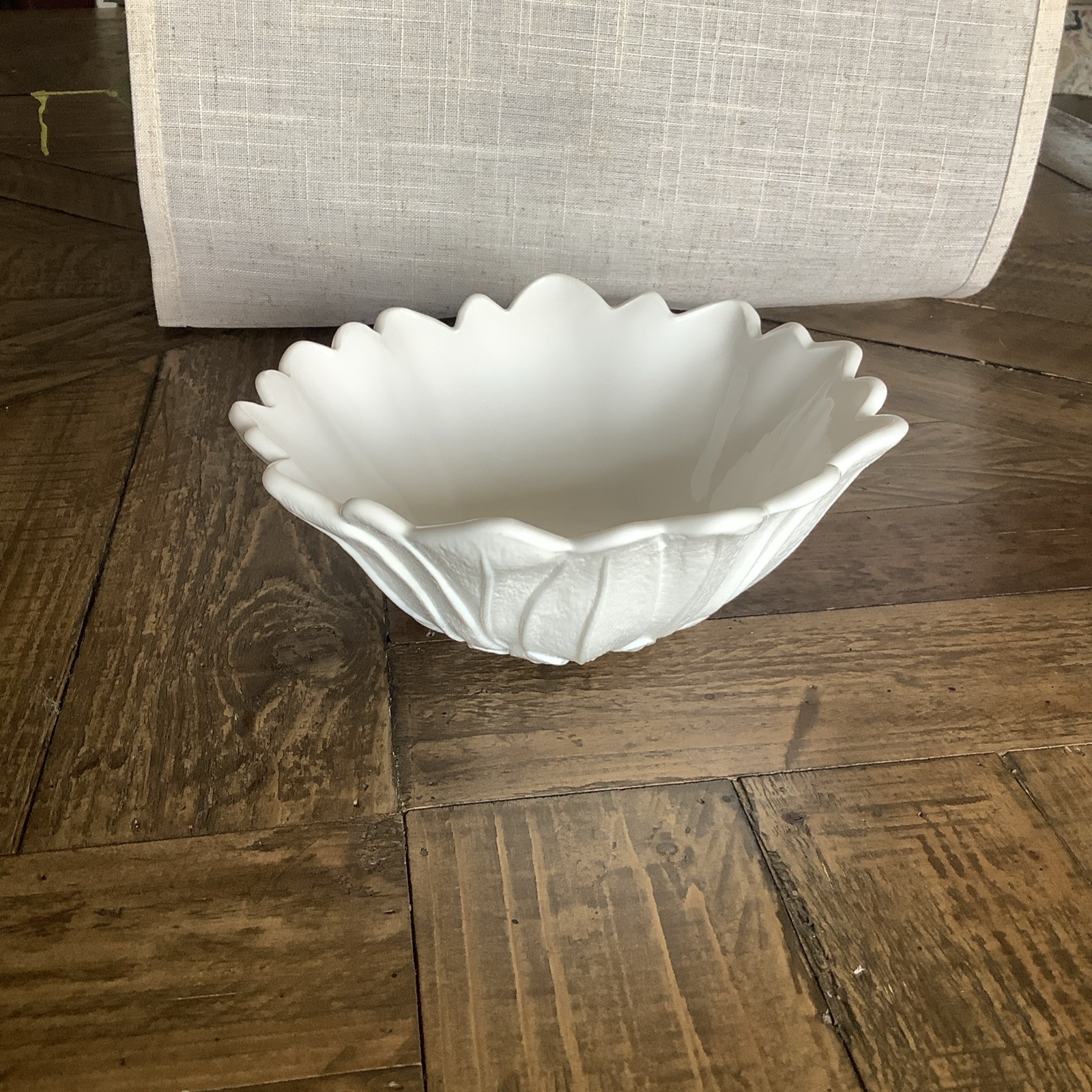 White milk glass flower pattern scalloped edge bowl 9 in diameter