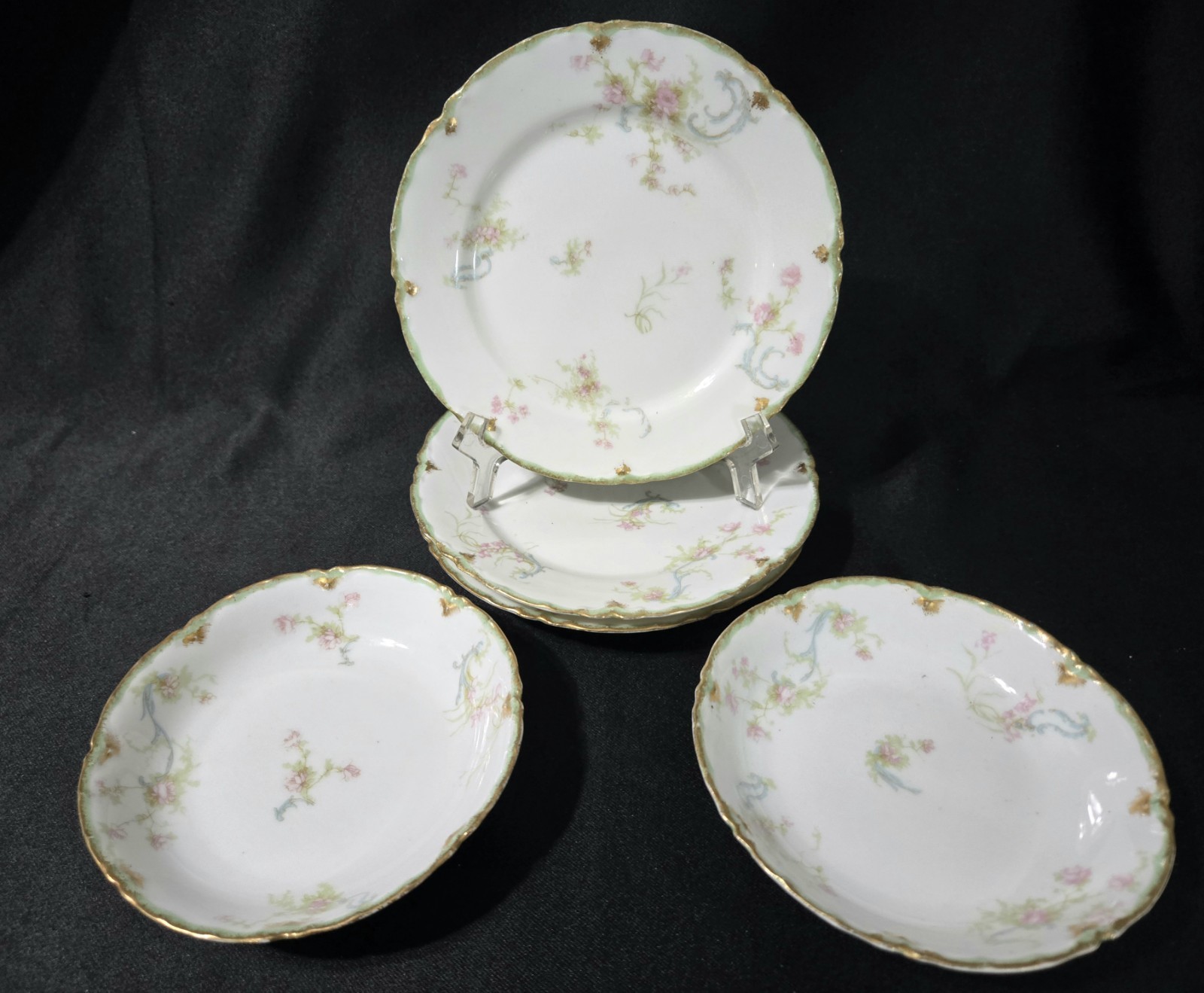 MINT ANTIQUE Haviland Schleiger 57H Limoges Roses Blue Ribbons 3Snack 2 Bowls