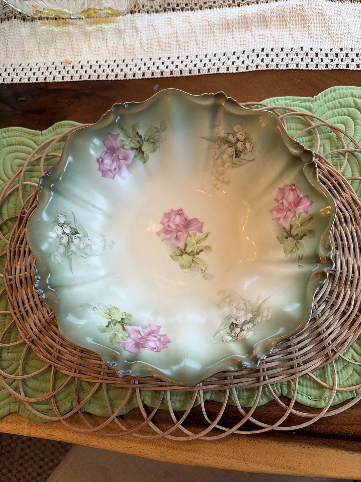 Antique Prussian Porcelain Bowl Roses Pattern Red Mark