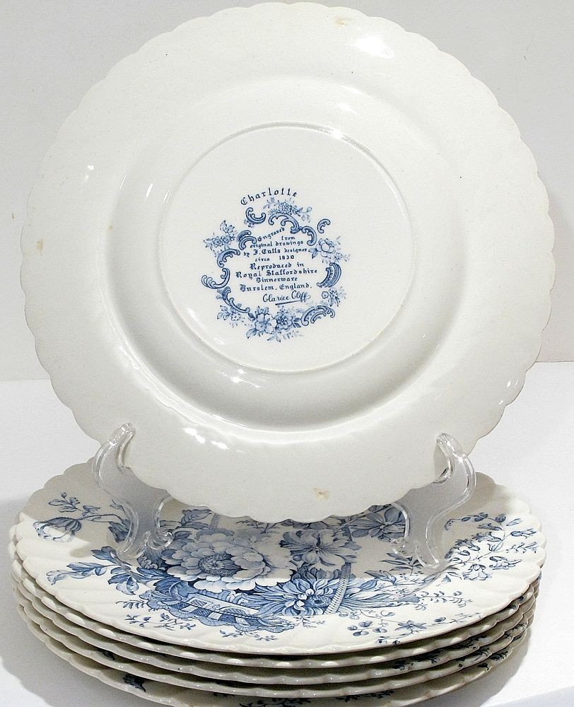Set 6 Antique Clarice Cliff Charlotte Blue Transferware 10” Dinner Plate England