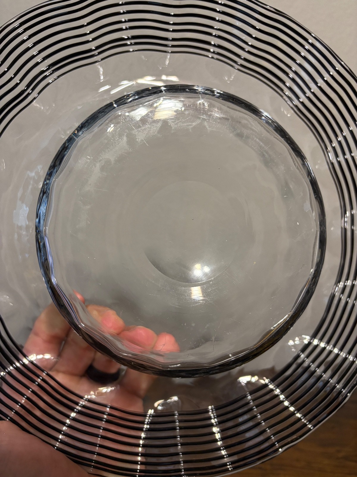 VTG FRY GLASS CO Black Threaded DIAMOND OPTIC Glass Centerpiece Bowl 11.75″W
