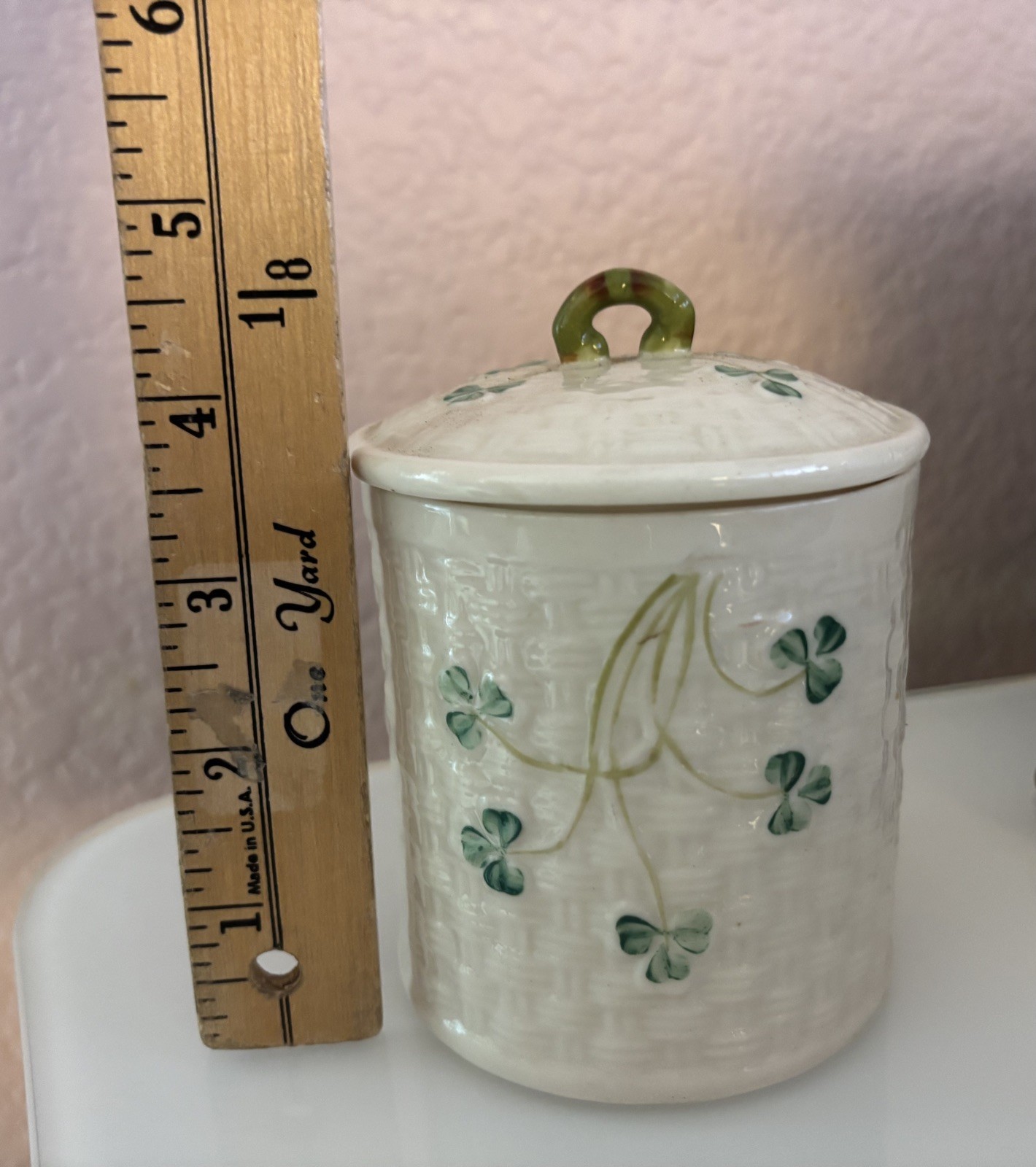 Belleek Porcelain Shamrock Art Pottery Lid Tea Jar Canister Basket Weave Irish