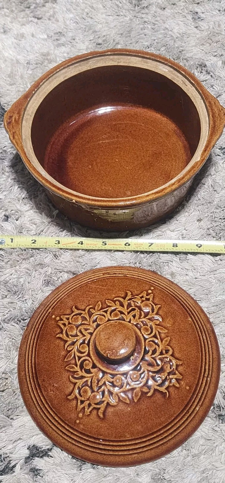 Vintage Light Brown Stoneware Lidded Bowl With Embossed design USA