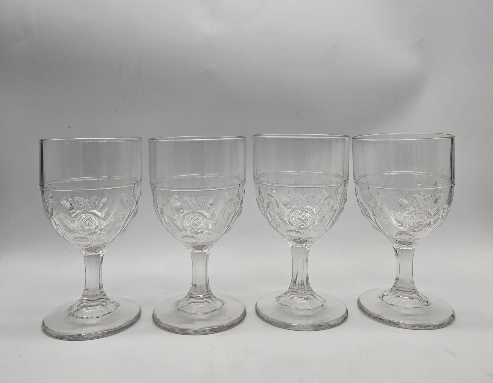 1870s Open Rose AKA Moss by Unknown Clear Glass Goblet Vtg Antique Set Of 4