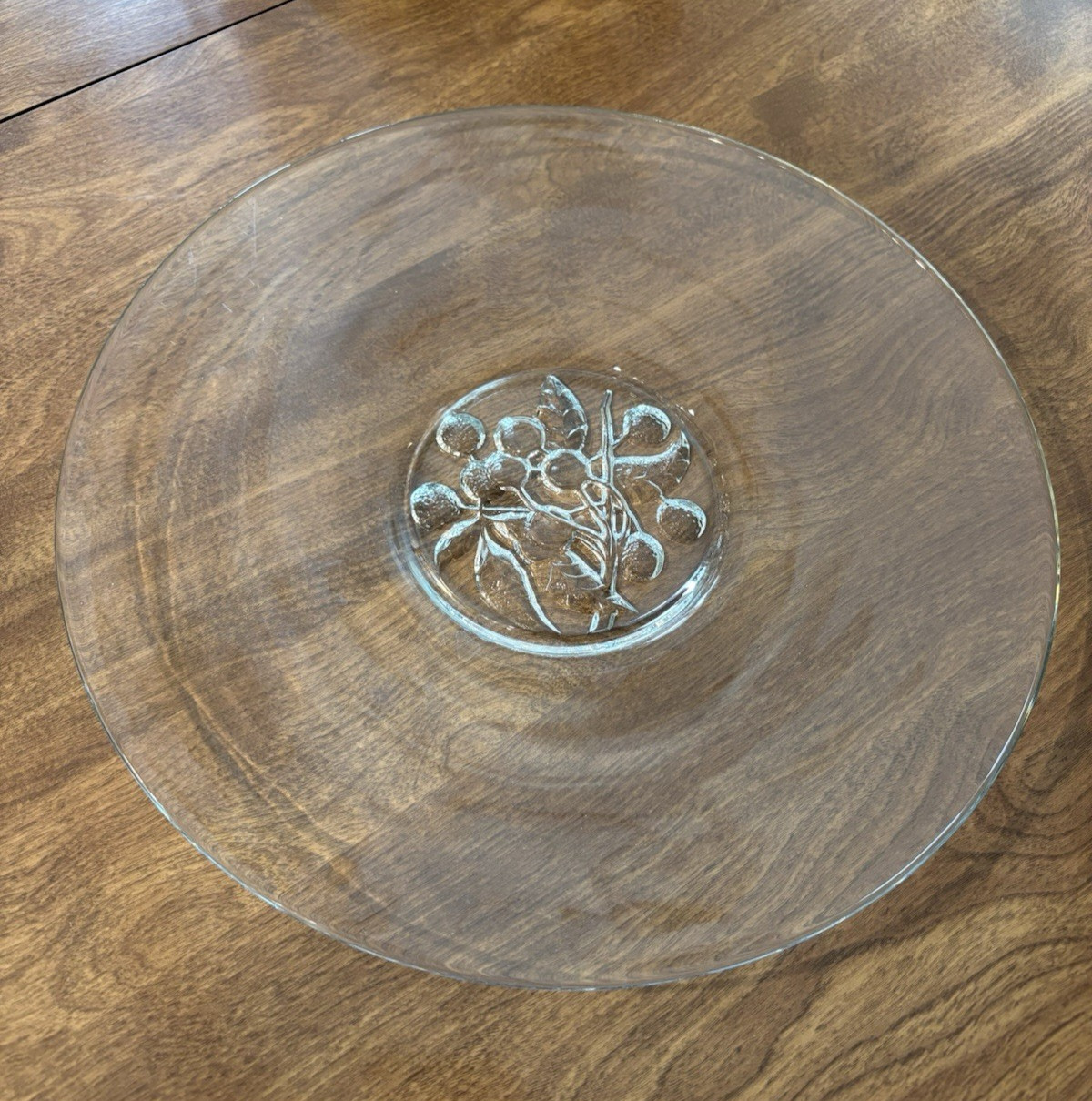 VINTAGE JEANETTE GLASS COMPANY 12″ TORTE CLEAR PLATTER IMPRESSED CHERRY PATTERN