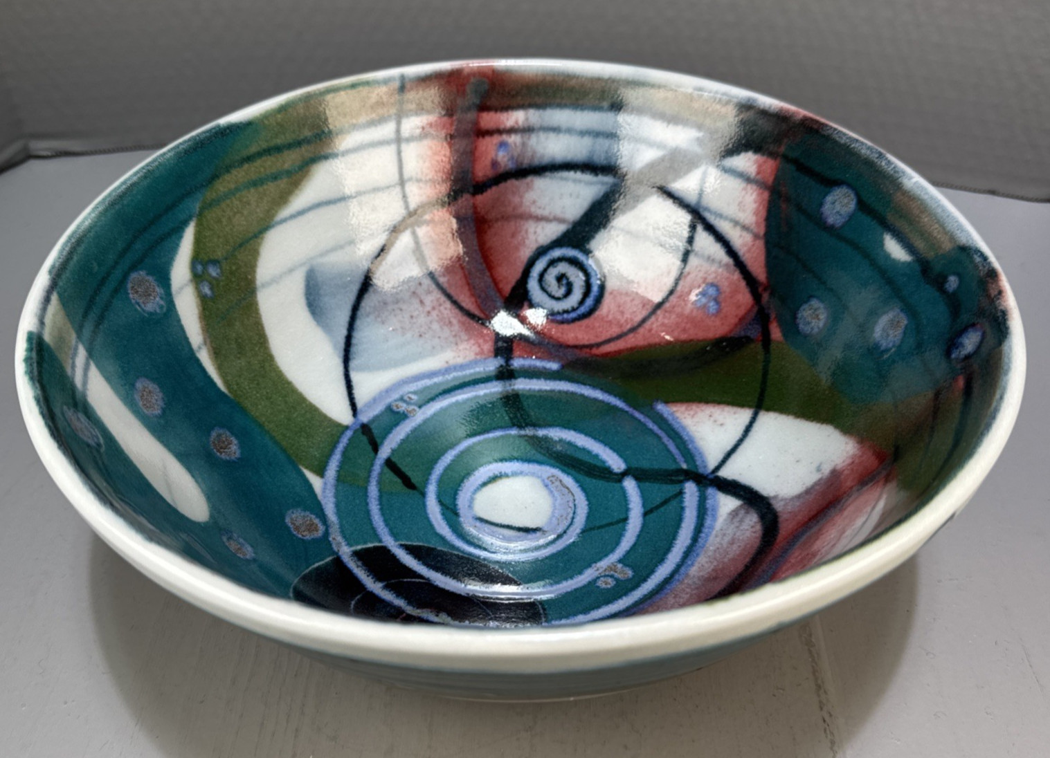 Studio Art Pottery Abstract Design Colorful Blue Green Red Artisan Signed 10″
