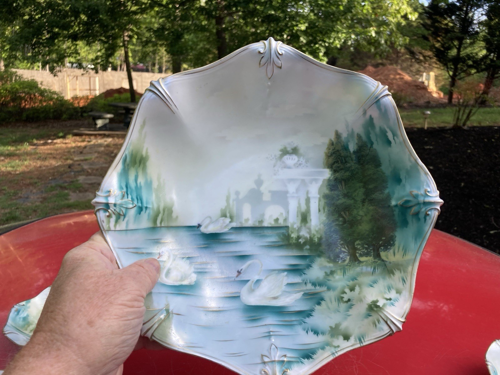 Rare Antique R S Prussia Seven Piece Berry Set / Swans On The Lake / Satin Finis