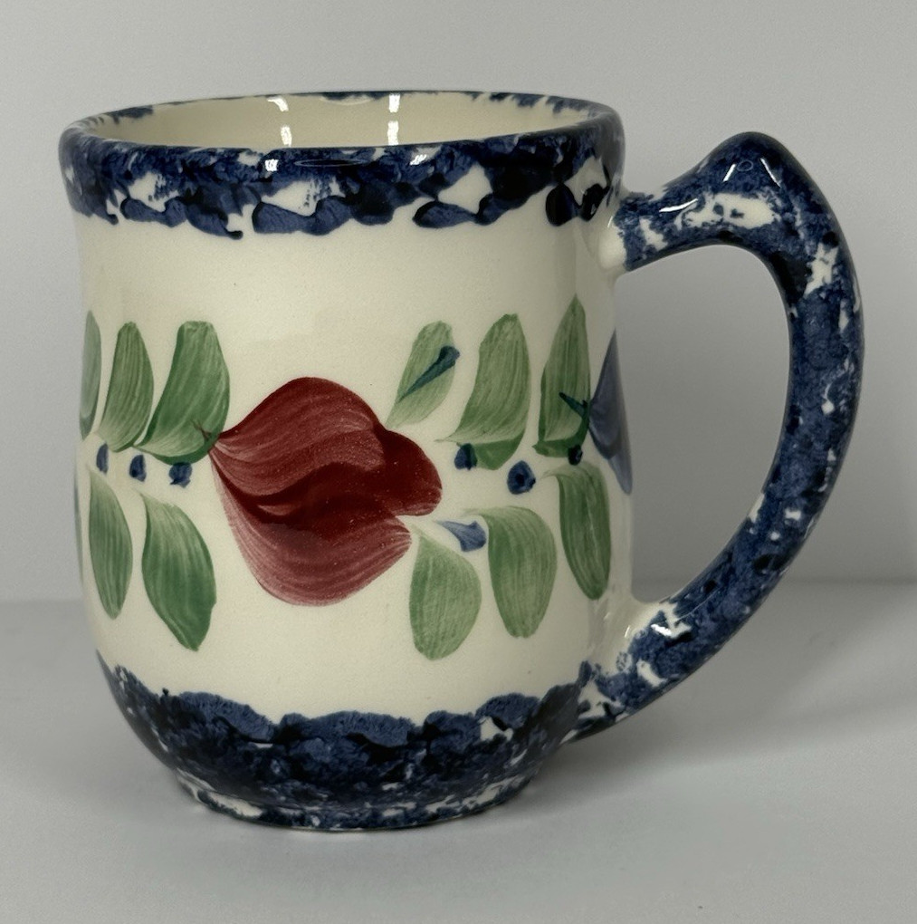 Vintage Gail Pittman Pottery Mug 1992 Hand Painted Floral Blue & Red 4.5” Signed