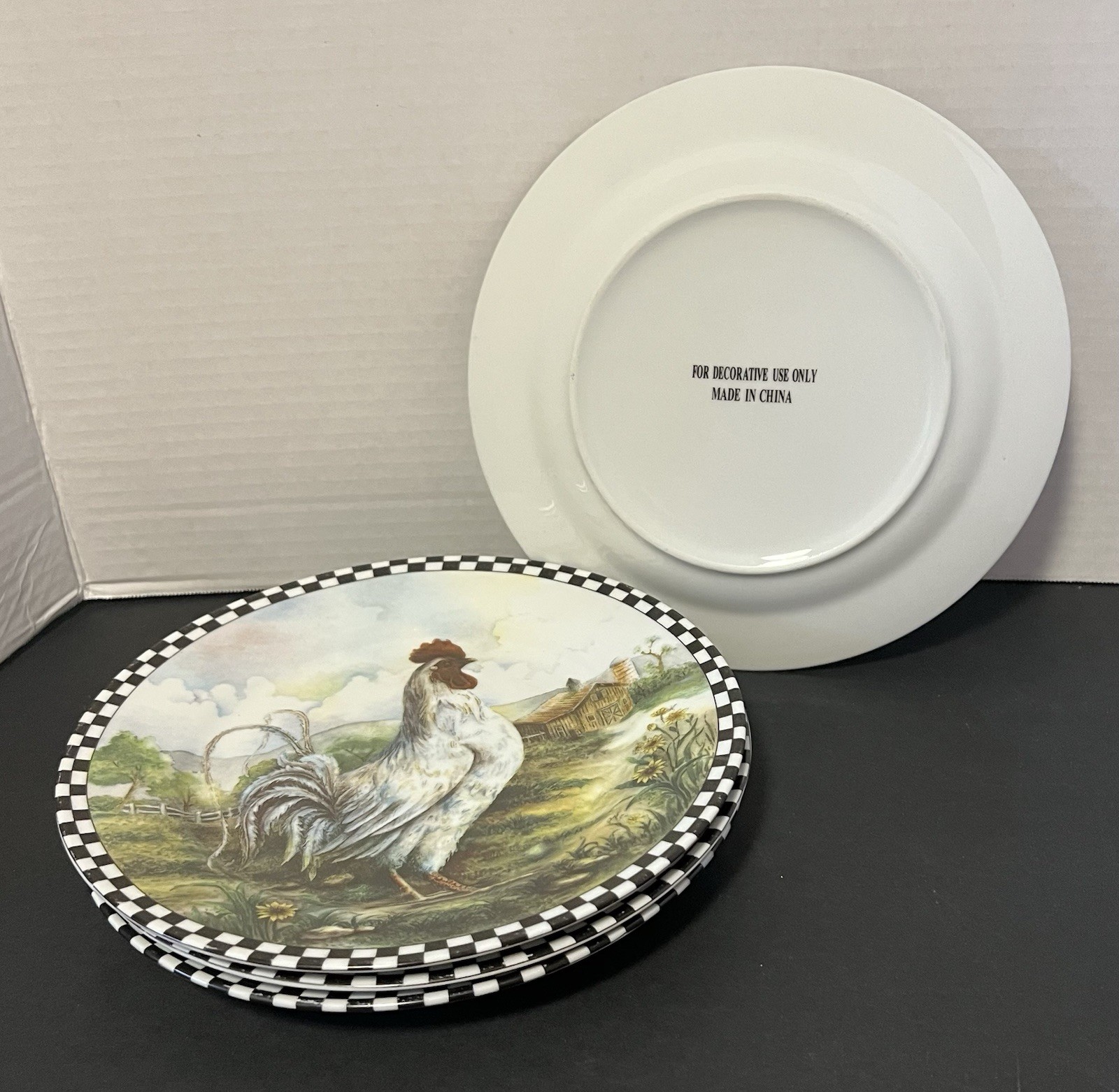 Farmhouse Set of 4 Ceramic Rooster Plates Rustic Black White Checker Border 8”W