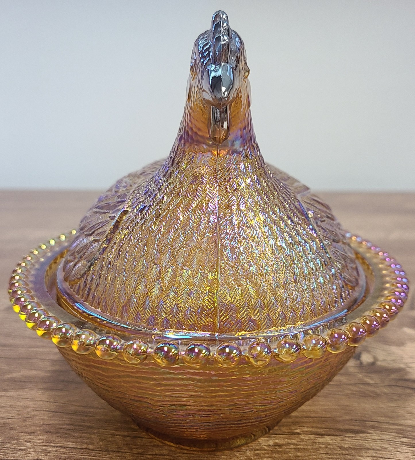 Indiana Glass Hen On Nest Iridescent Gold Carnival Vintage