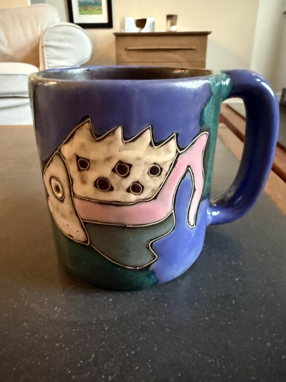 Set of 2 Mara Stoneware Pottery Fish & Butterfly Mug Tea Cup signed 4.25″H