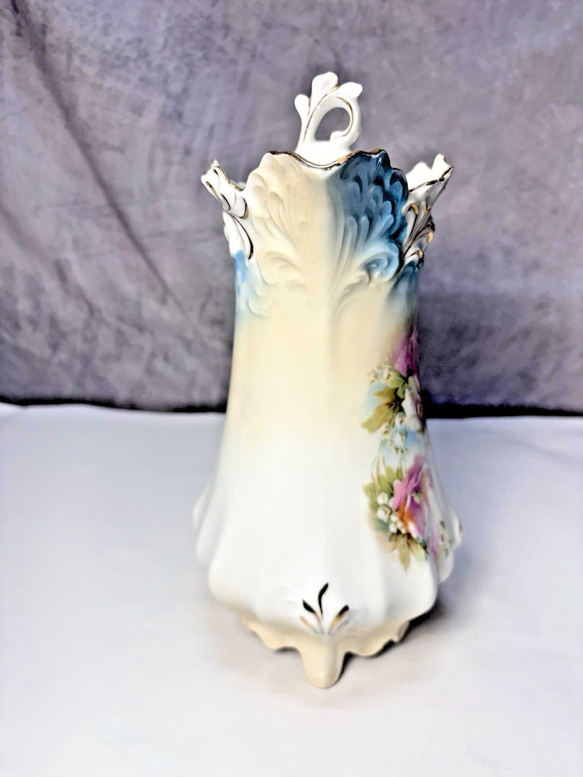 Antique R.S. Prussia Chocolate Pot with Lid Blue with Flowers FB-65