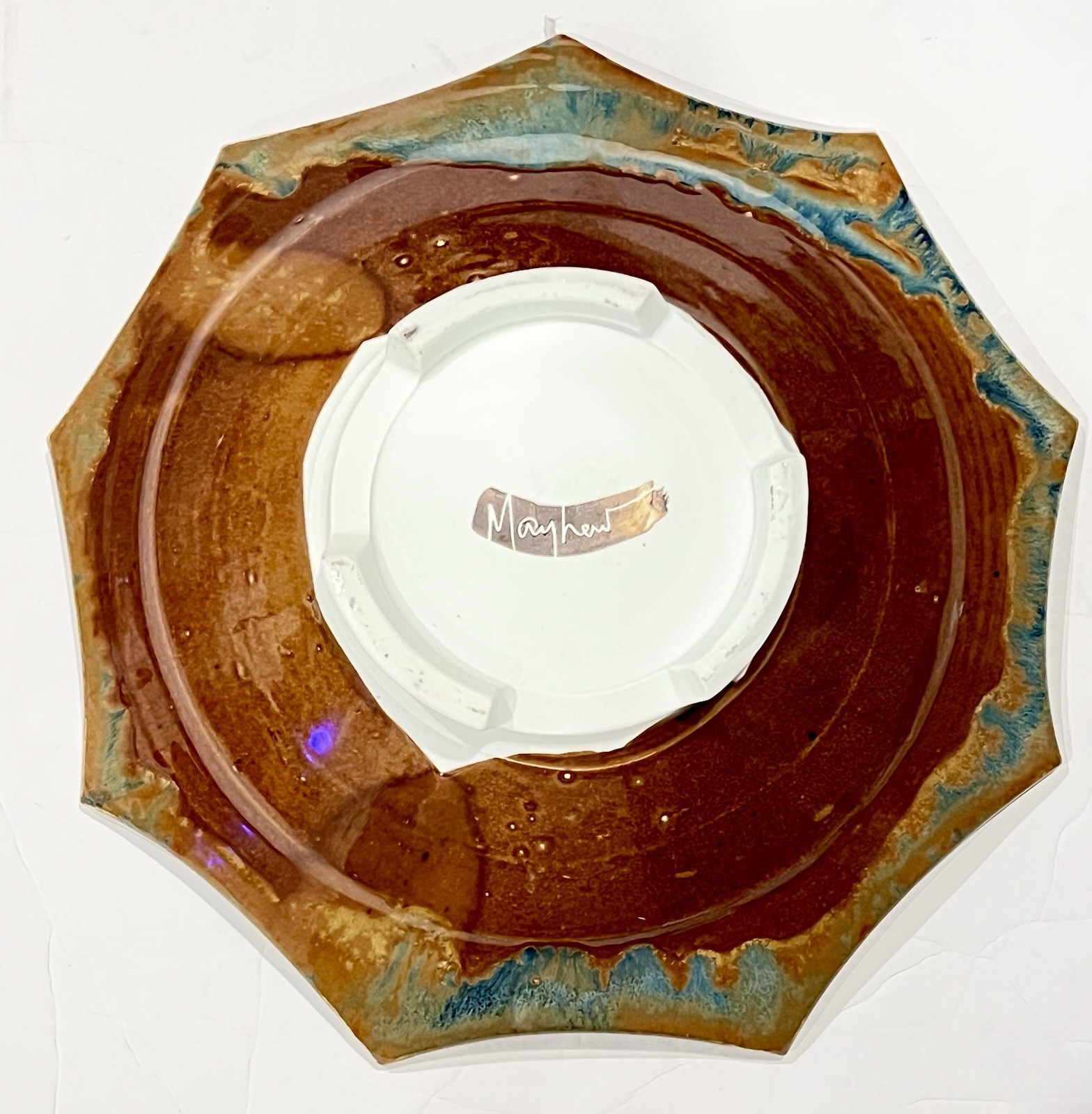 Phil Mayhew Studio Art Pottery Drip Glaze 12” Bowl Blue Footed decorative