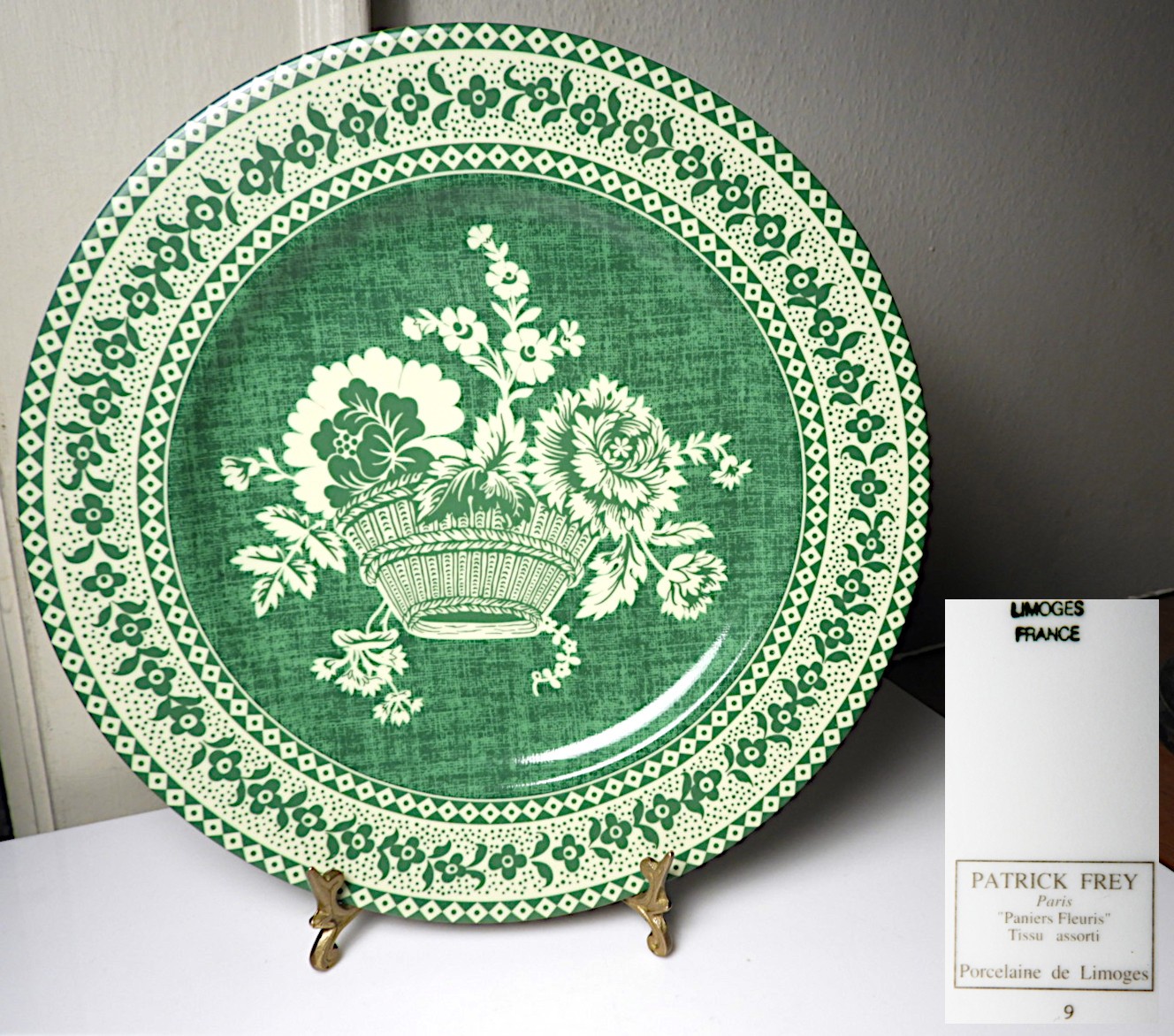 Pierre /Patrick FREY Limoges PANIERS FLEURIS GREEN 10 3/8″ Dinner Plate(s) Mint