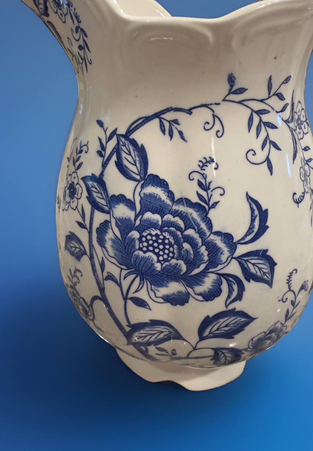 Vintage Norleans Japan Blue and White Floral Ceramic Water Pitcher 10-1/2”