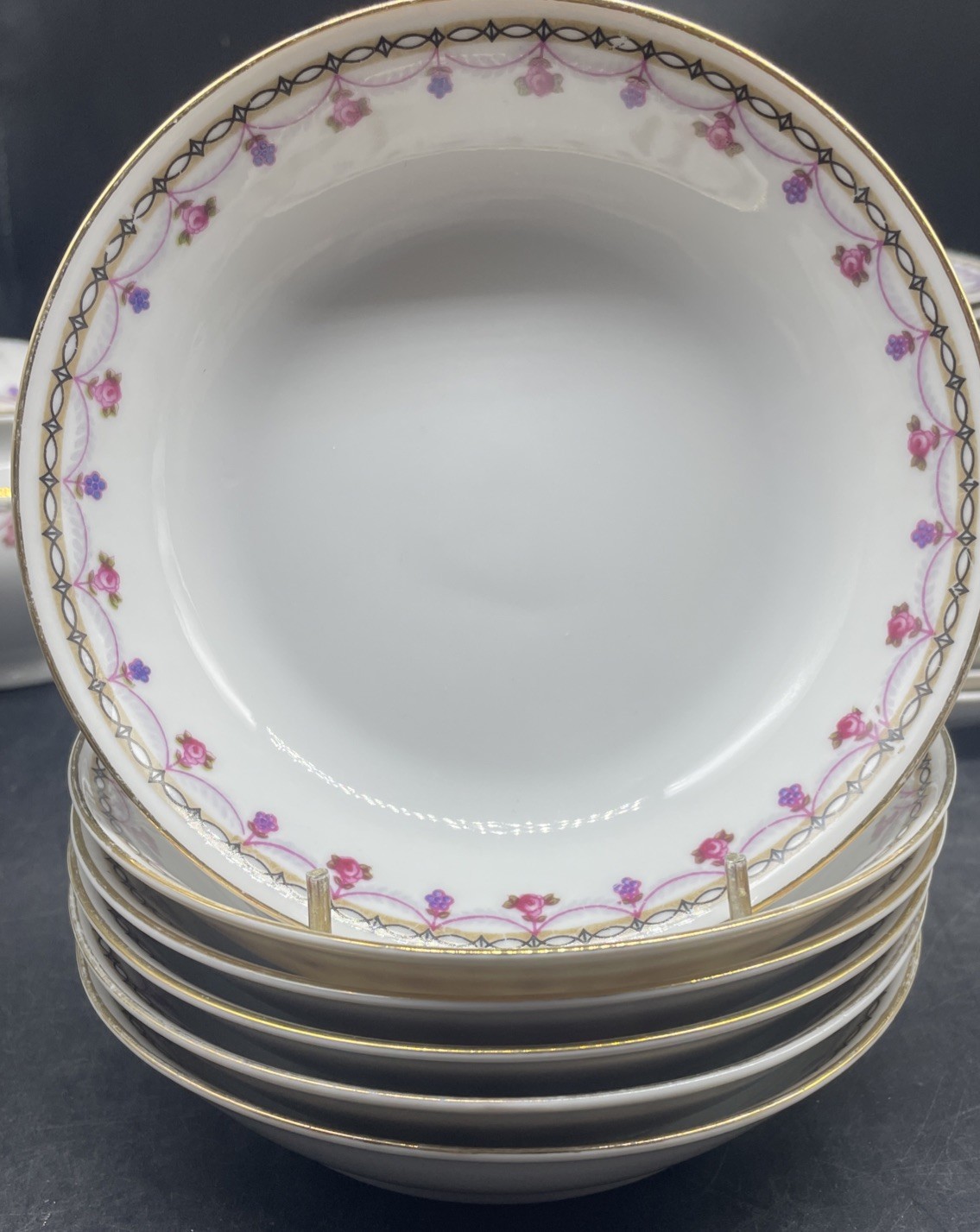 Heinrich & Co. 6 “Palace” 5 1/4″ Berry Bowls Selb Bavaria Pink Purple Swags