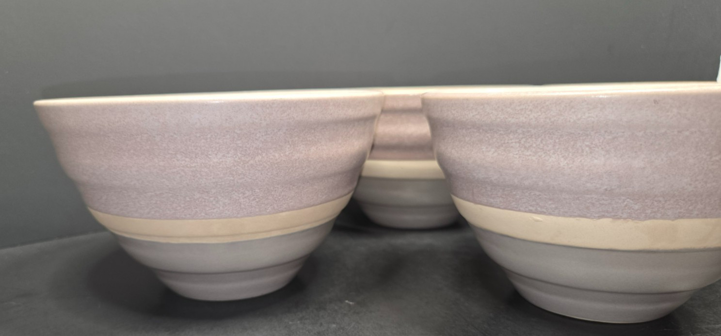 Baum Brothers HARPER Cereal Soup Bowls Mist Tan Blue Speckled Grey Band Set 4