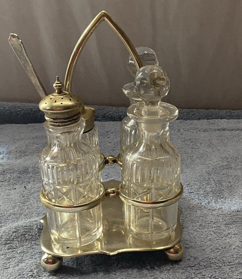 Antique Lee & Co. Sheffield Four Piece Cut Cyrstal Cruet Set 5 1/2” Height 4” W.