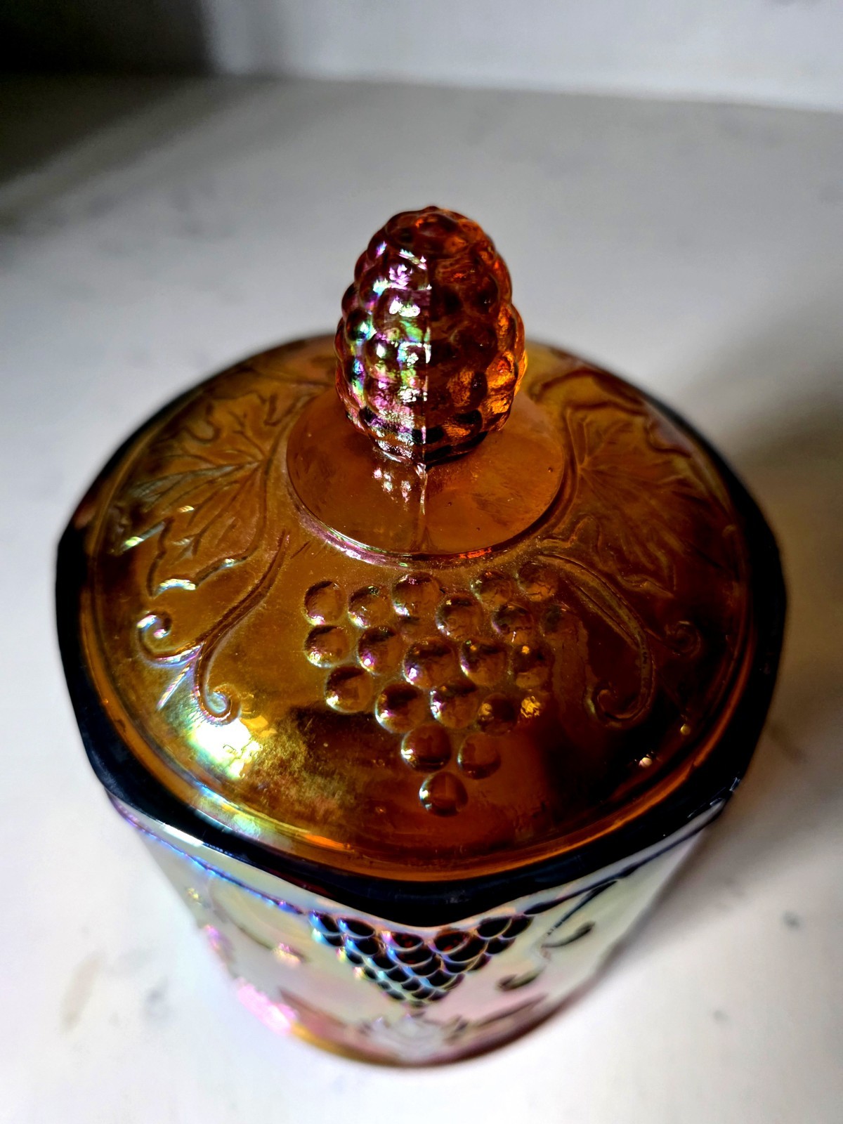 Vtg Indiana Carnival Glass Marigold Iridescent Harvest Grape Candy Jar w/ Lid