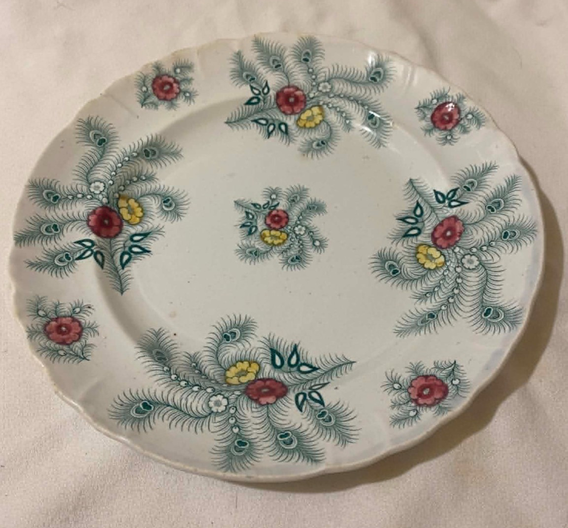 Antique 1830 Wood Challinor Staffordshire Green Feather Polychrome Plate 10 Inch