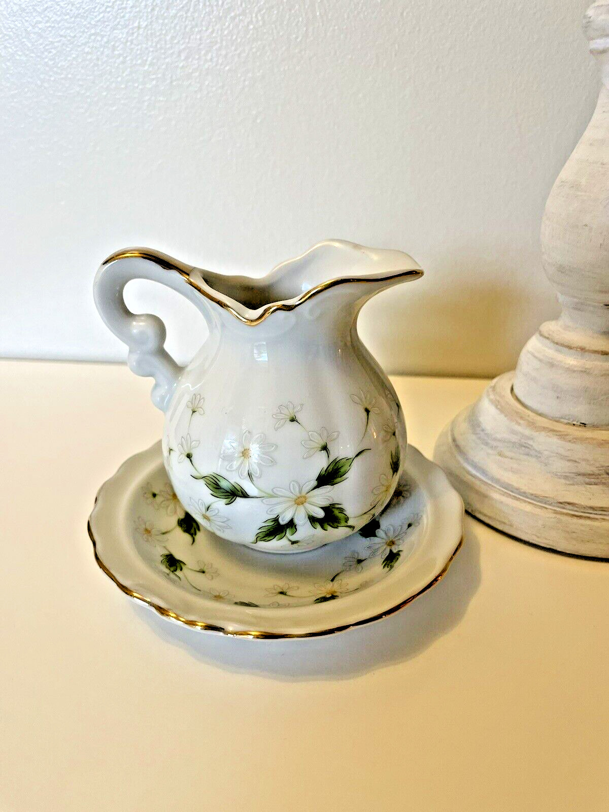1987 Lefton China miniature pitcher creamer saucer White Daisy Floral Gold Trim