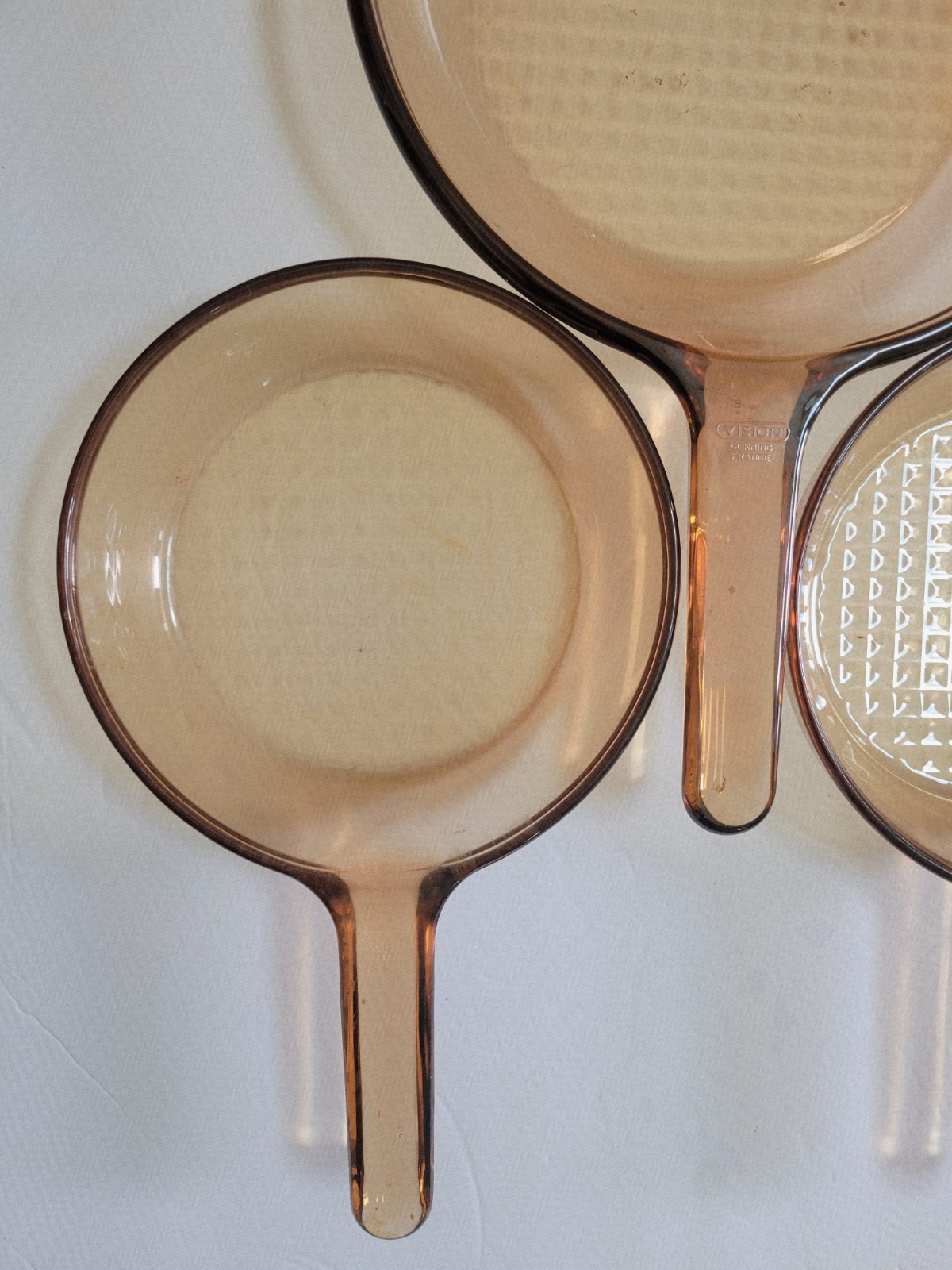 Set of 3 Corning France Vision Amber (1) 10″ & (2) 7″ Fry Pans Waffle Bottom