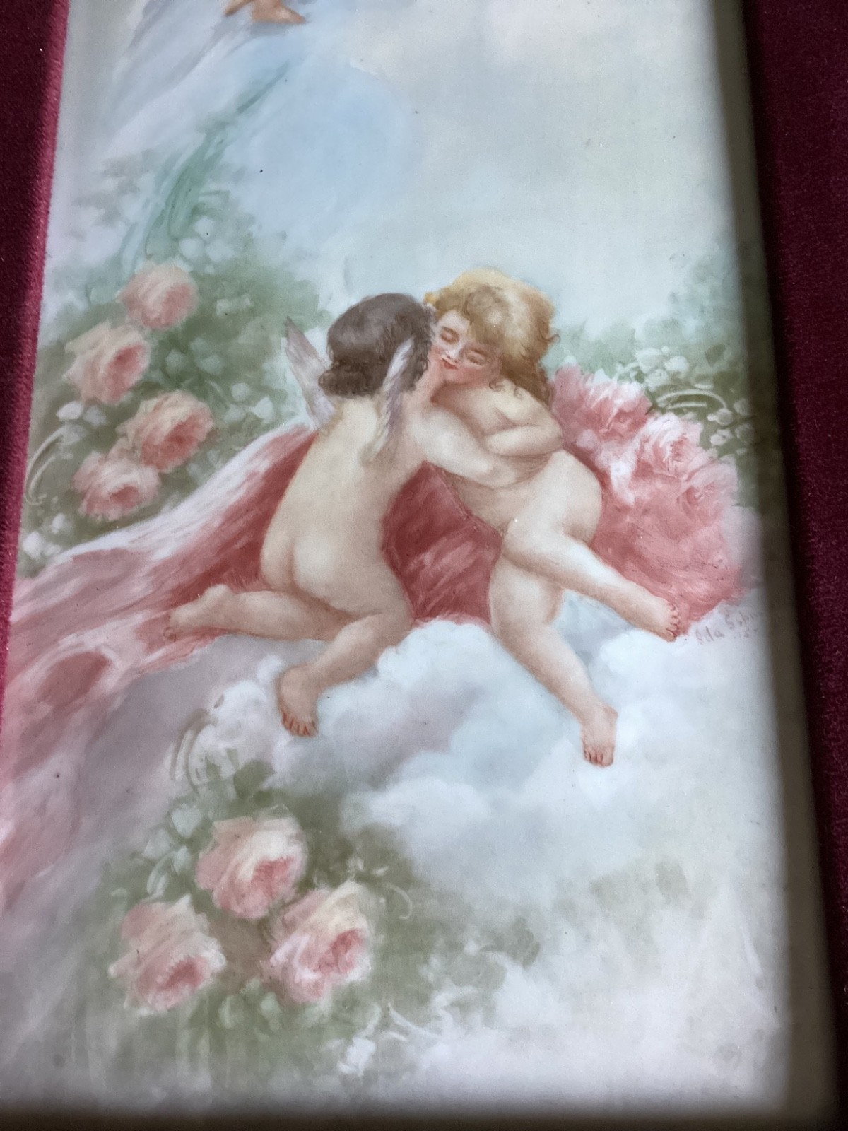 Antique 14×6” T&V Limoges HandPainted Porcelain Tile Plaque Artist Signed Cherub