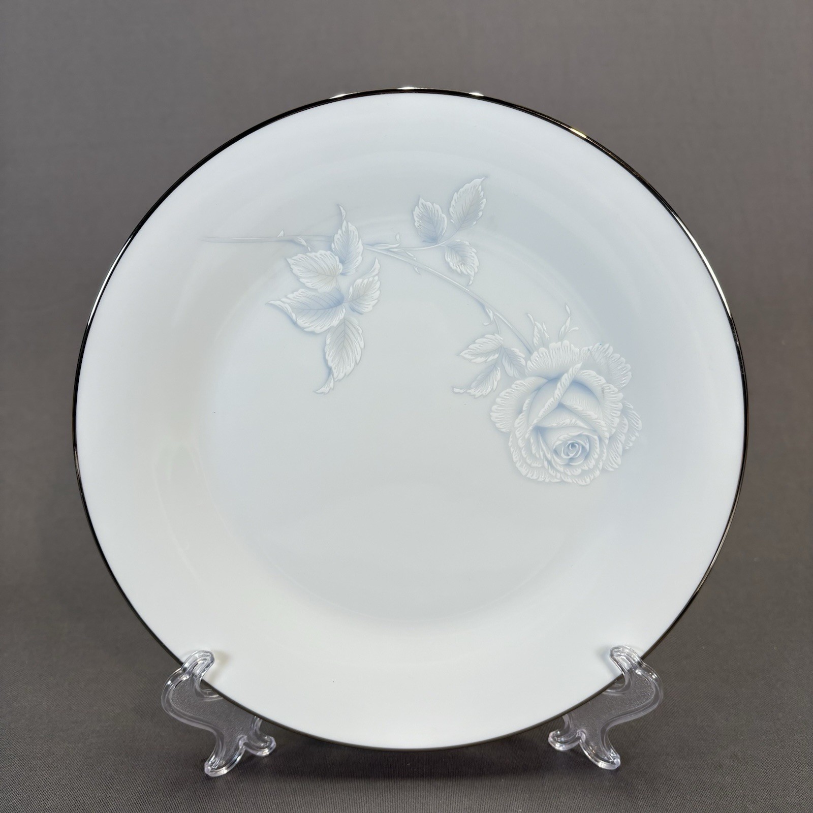 Noritake Virtue Salad Plates 8 1/4″ Set of 4 White Blue Roses Platinum Trim