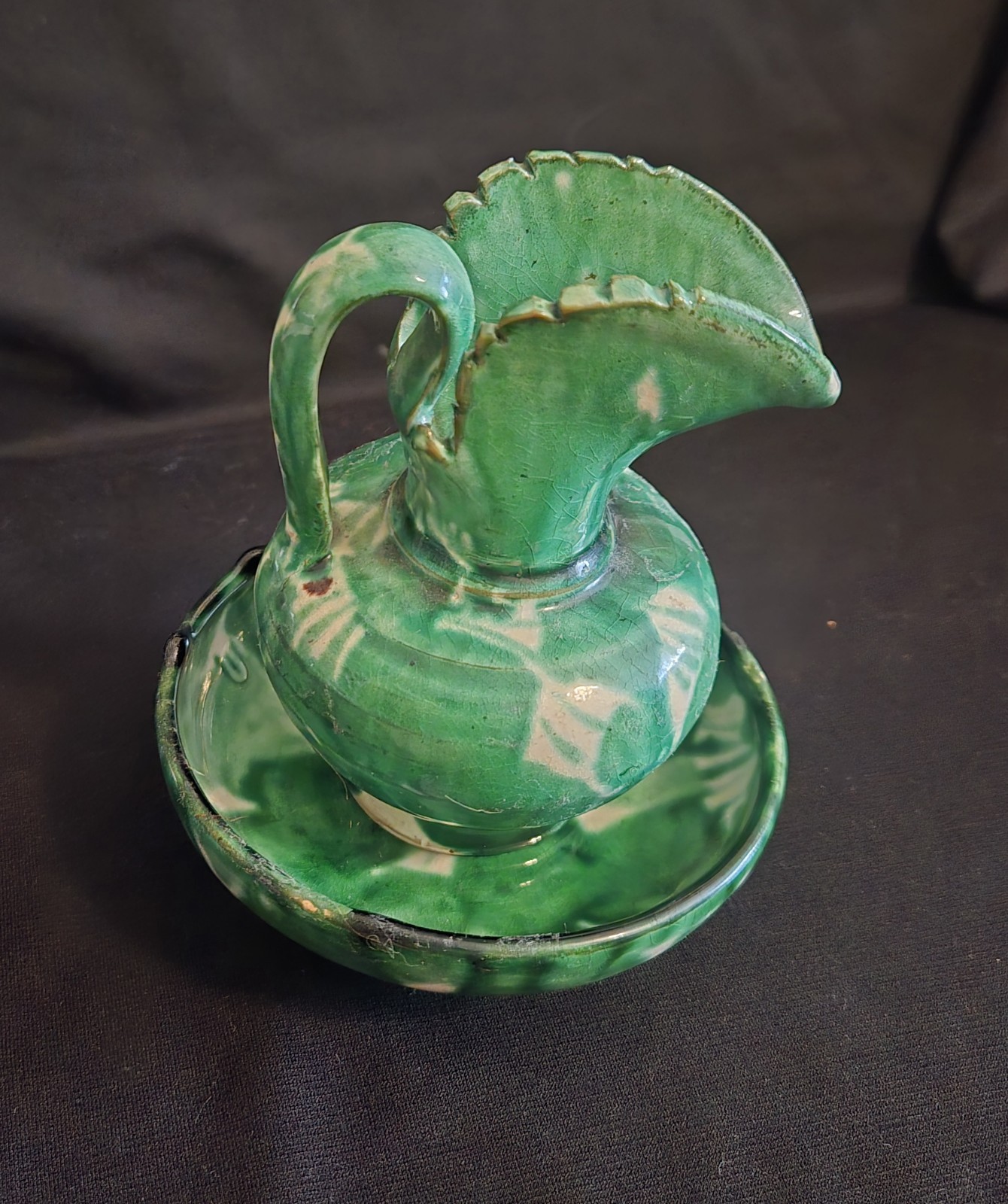 Vintage floral ceramic pitcher creamer and saucer, Green & White