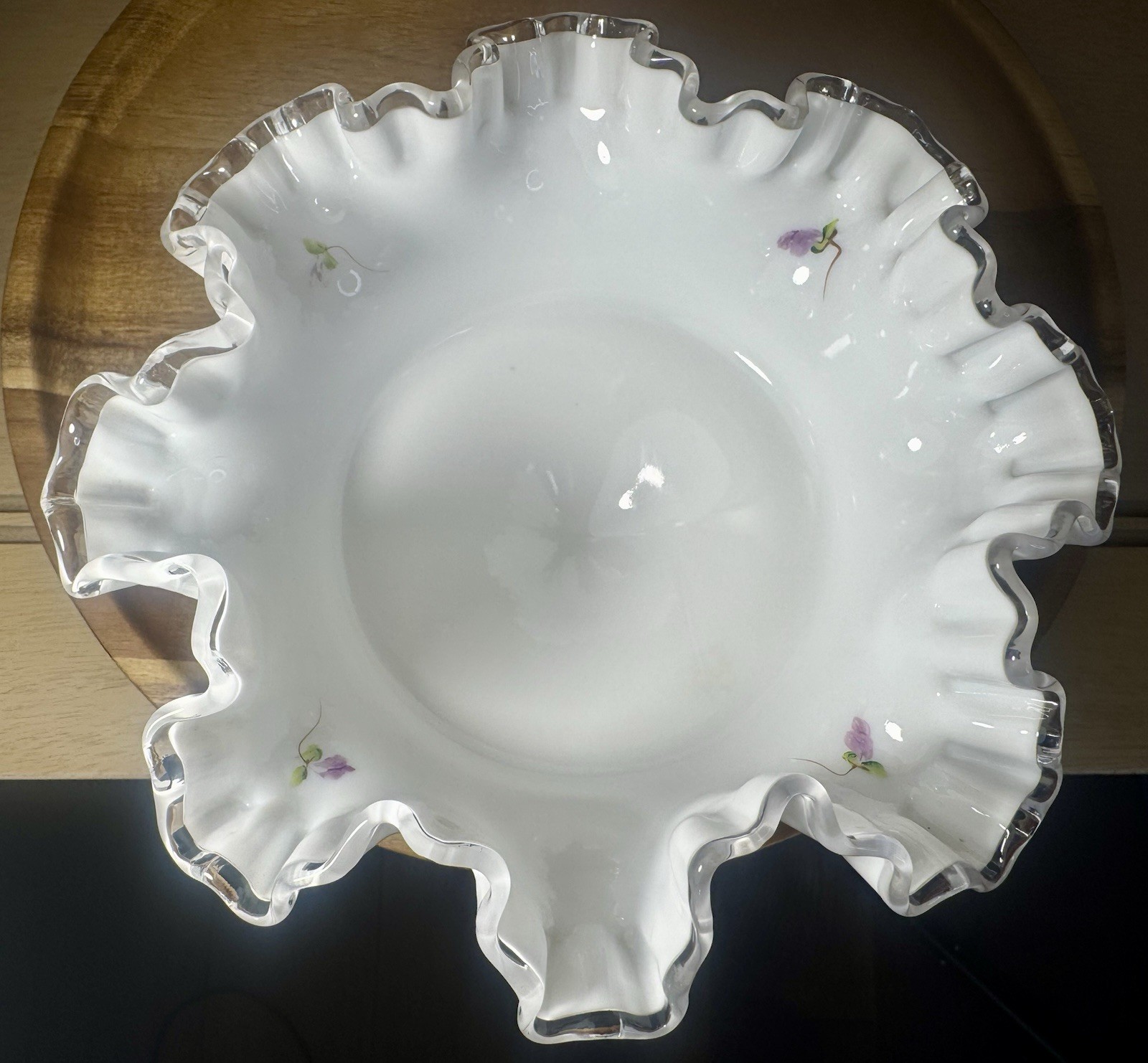 Fenton Violets Snow Milk Glass Ruffled Crest Pedestal Compote Candy Dish 8″ x 6″