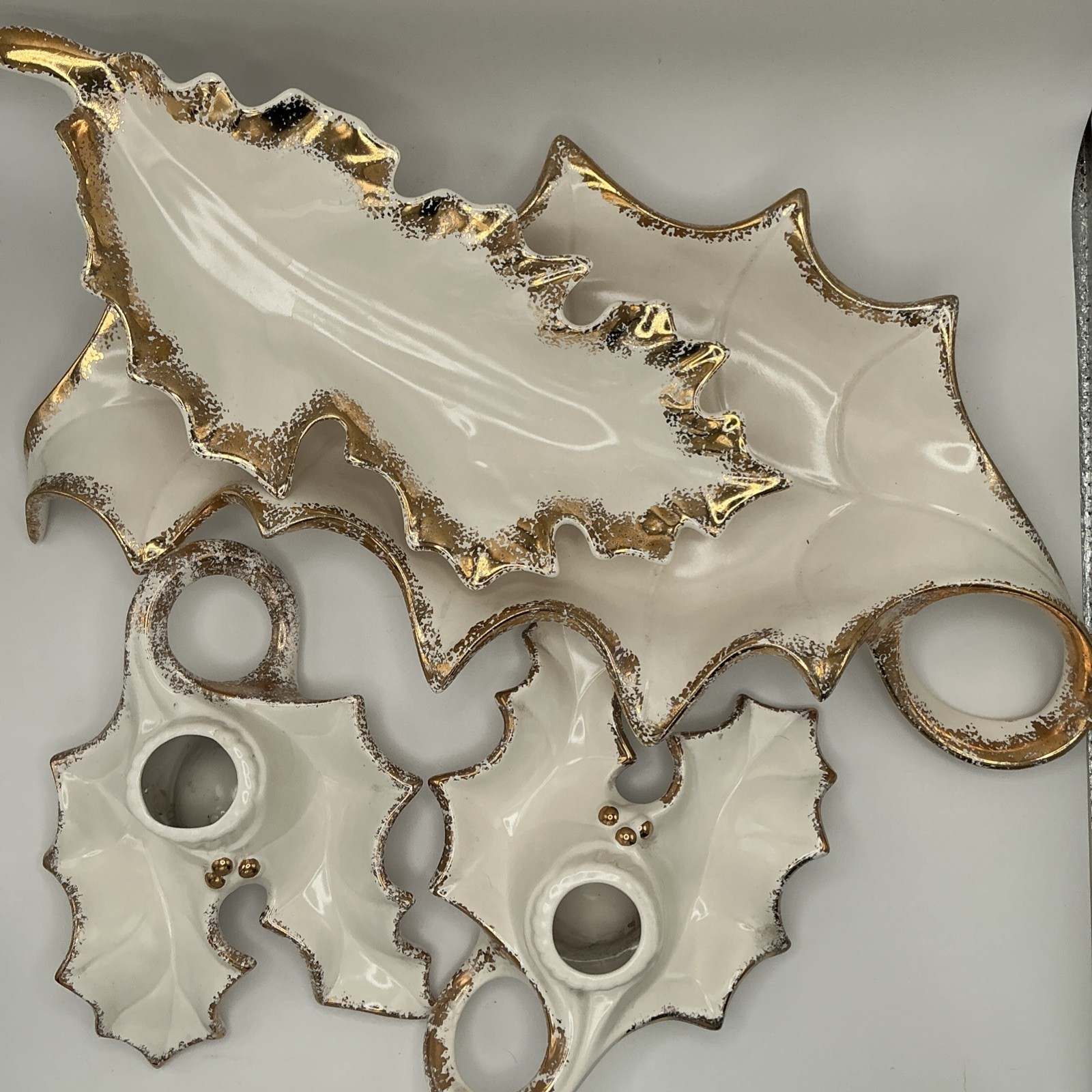 Vintage Hollydale Pottery California Gold Encrusted Tableware Leaf Dish Set 4pc